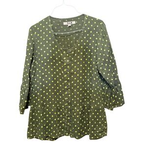 Flax Womens 100% Linen Polka Dot Button Front Peplum Blouse Olive Green Size S